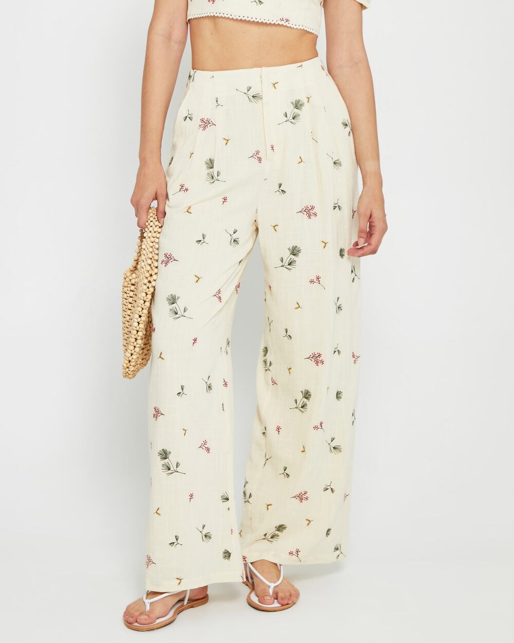 Kourt Sheri Cream Floral Embroidered High Waist Wide Leg Pants Size 2
